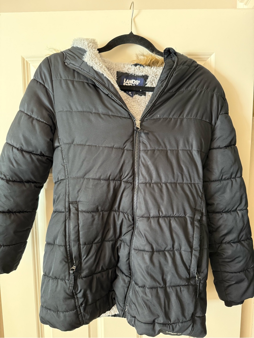 Lands' End Kid’s  Black Quilted Puffer Jacket with Sherpa Hood size 10/12